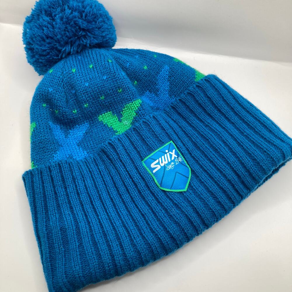Swix Blue Wool Blend Chunky Knit Pompom Ski Beanie Adult OS Retro Snowboard